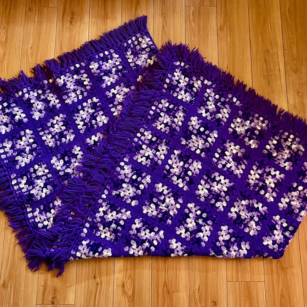 Vintage Afghan Crochet Knit Throw Blanket 62x62 Granny Square Hippie Boho Purple